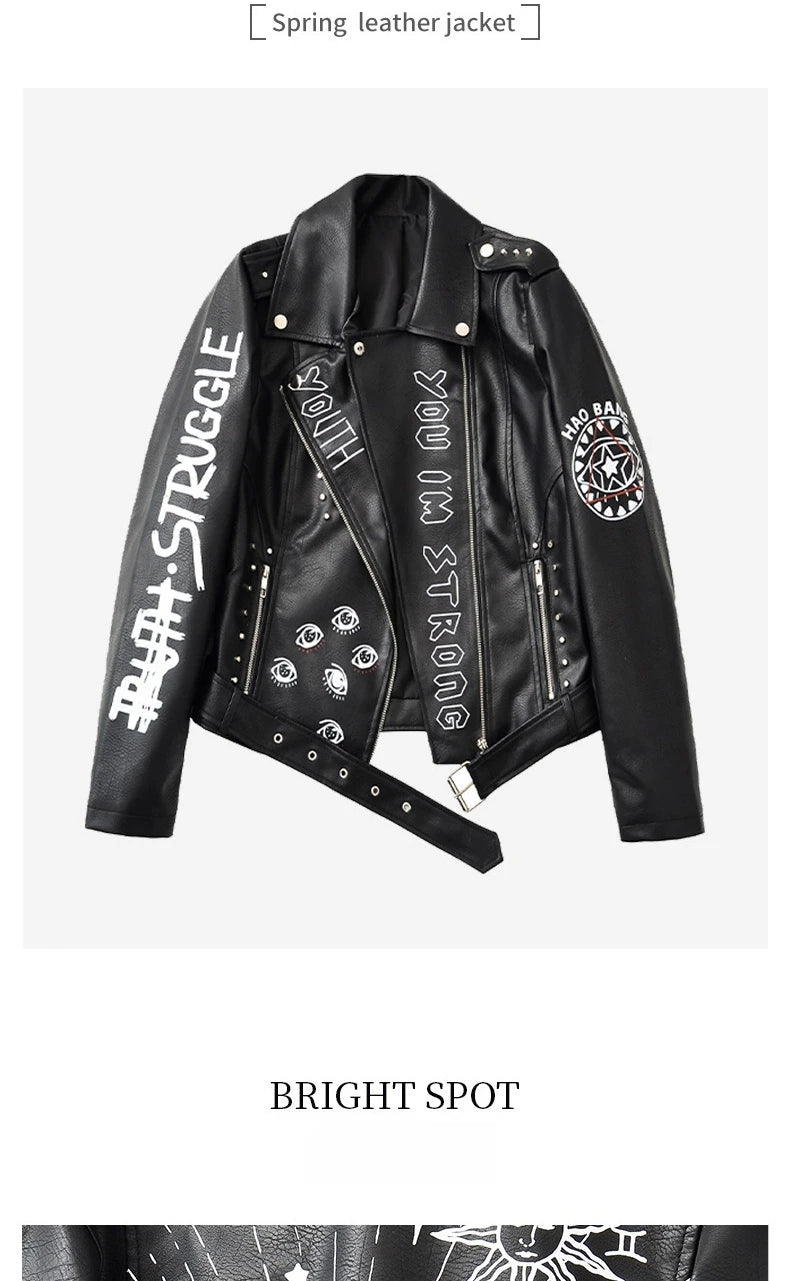 High Street Leather Jacket Women Rivet PU Leather Bomber Jacket Eyelet Print Punk Moto Biker Coat Outerwear Luxury Women Clothes