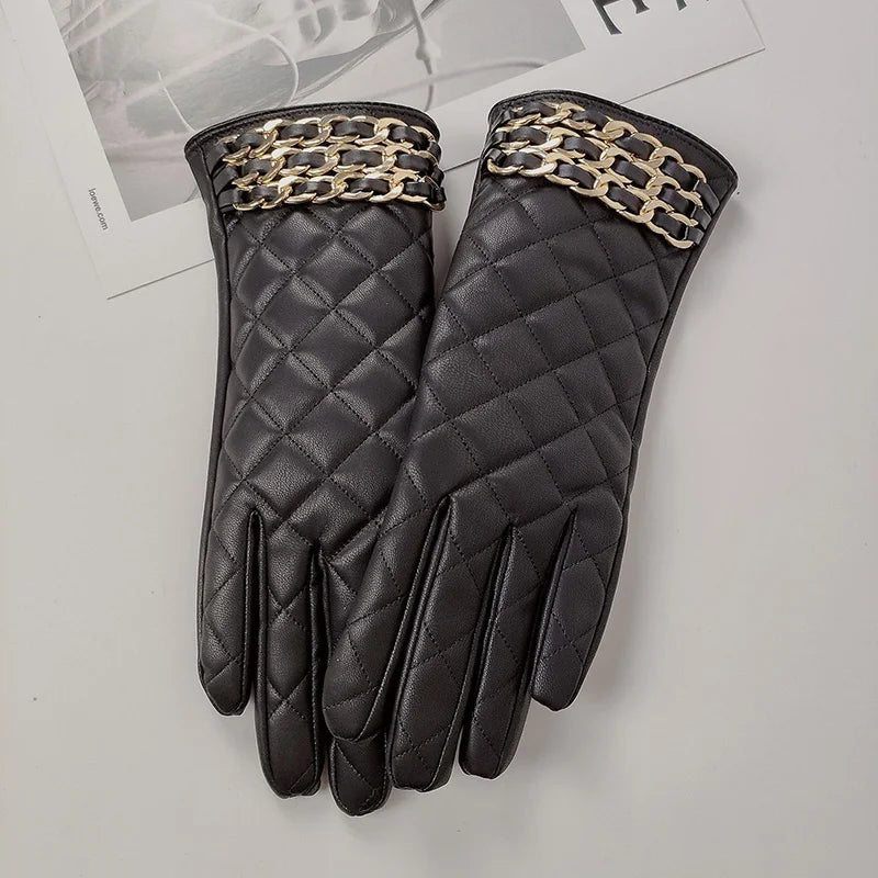 Women Black Chain Thickened Plush PU Leather Gloves