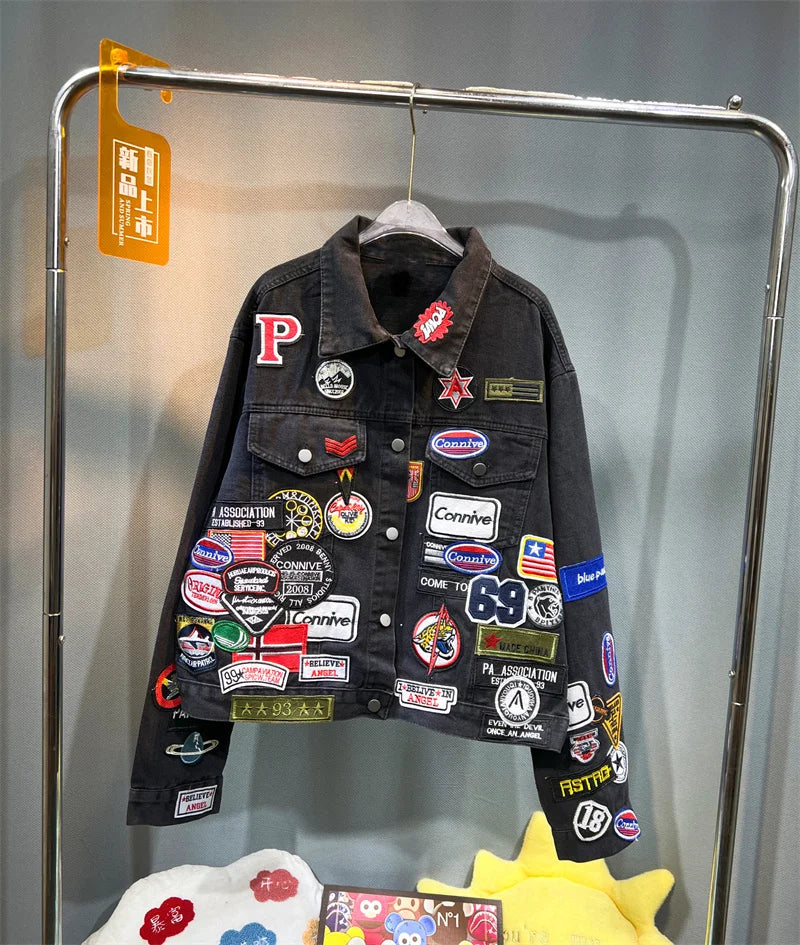 Men's Embroidered Denim Jacket Trendy Slim Fit w Badge Jeans Coat