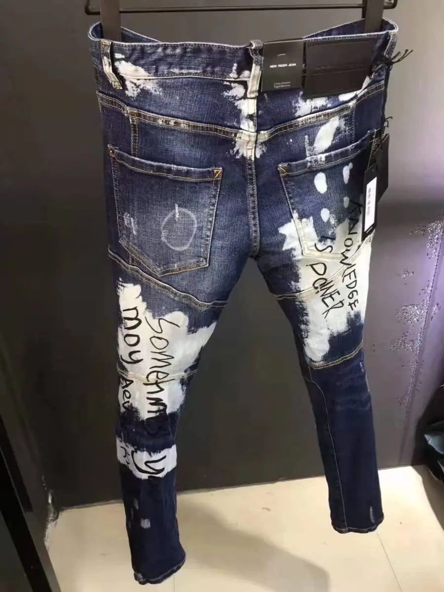 Spring Summer D2 Trendy Men's Distred Patch 3D Cutting fiti Print Slim Elastic Ankle Jeans Casual Busin Casual