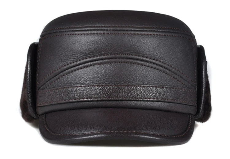 High Quality Genuine Leather Hats Winter First Layer Cowhide Warm Earmuffs Bomber Caps Plus Velvet Thicken Man Bone Caps Dad Hat