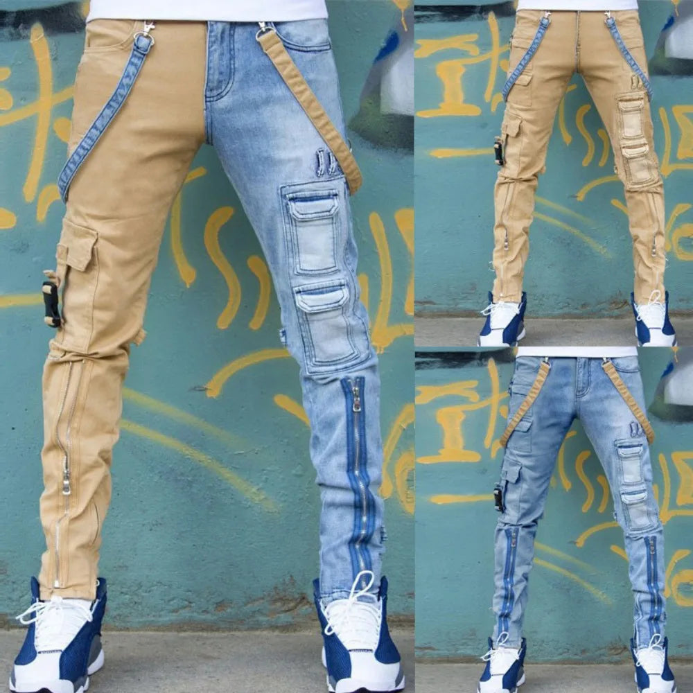 Denim Pencil Pants Pockets Splice Zipper Slim Fit Waist Regular Casual Straight legs