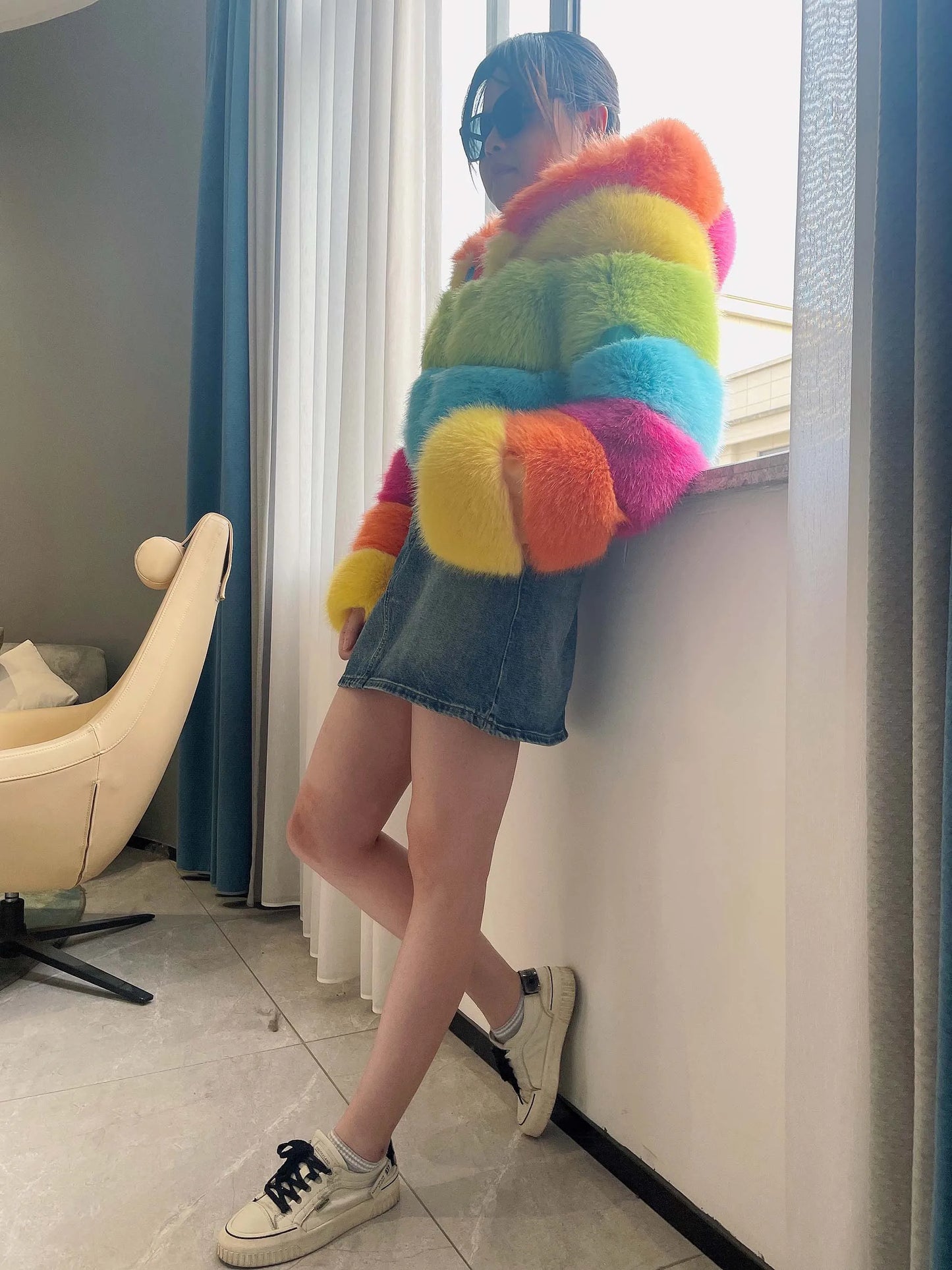 Quality High Simulation Fox Fur 3 Rows Hooded Jacket Colorful Fur Coat