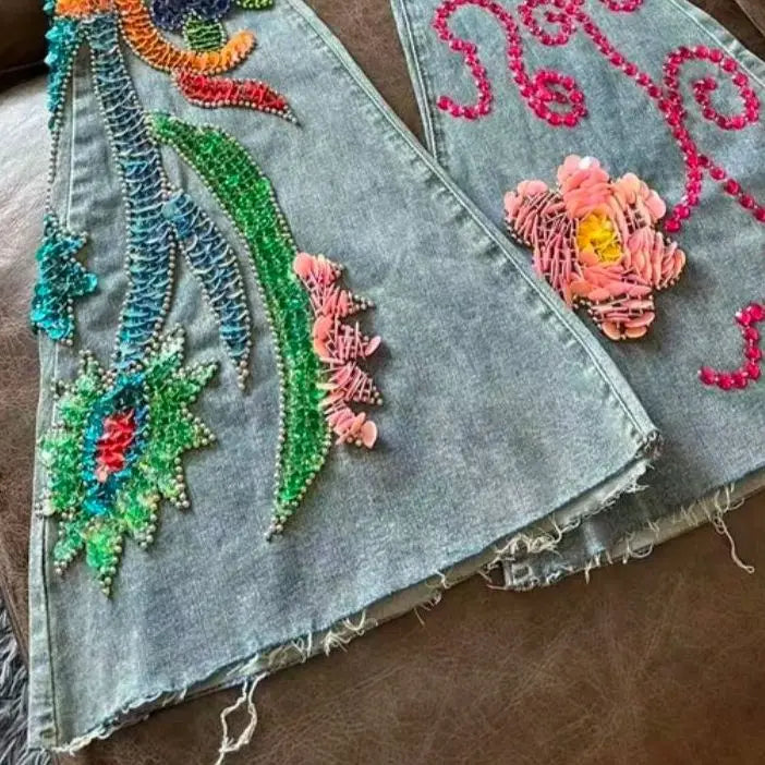 Designer Fashion Streetwear Handmade Sequins Beading Bird Big Flare Jeans Women Denim Pants