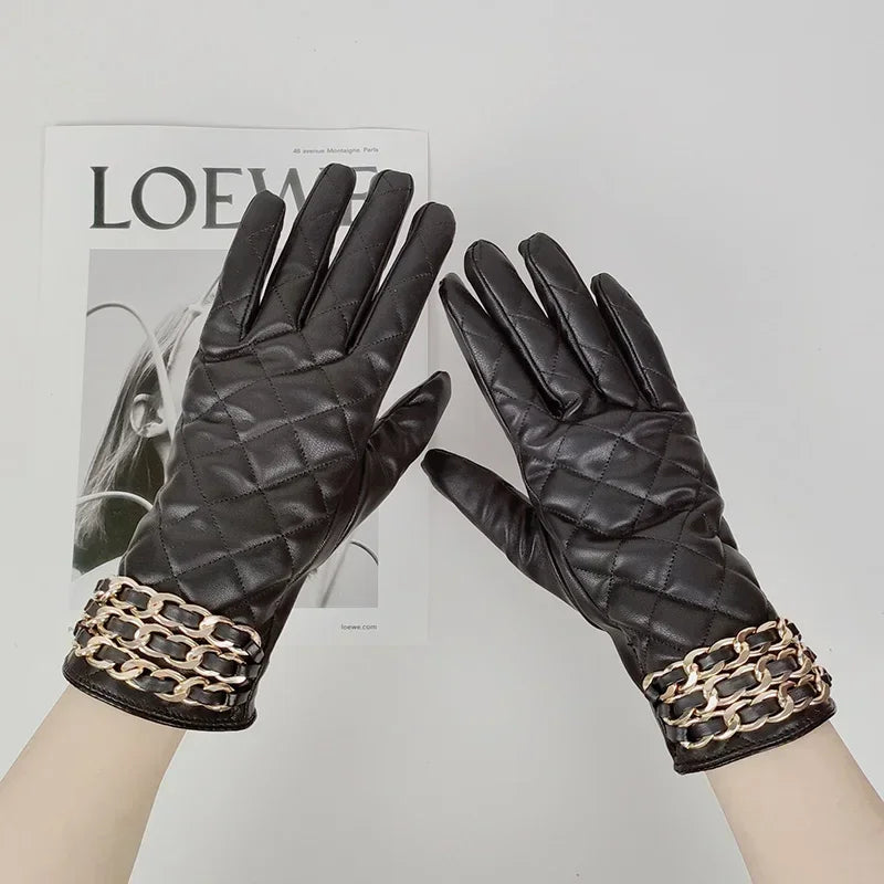 Women Black Chain Thickened Plush PU Leather Gloves