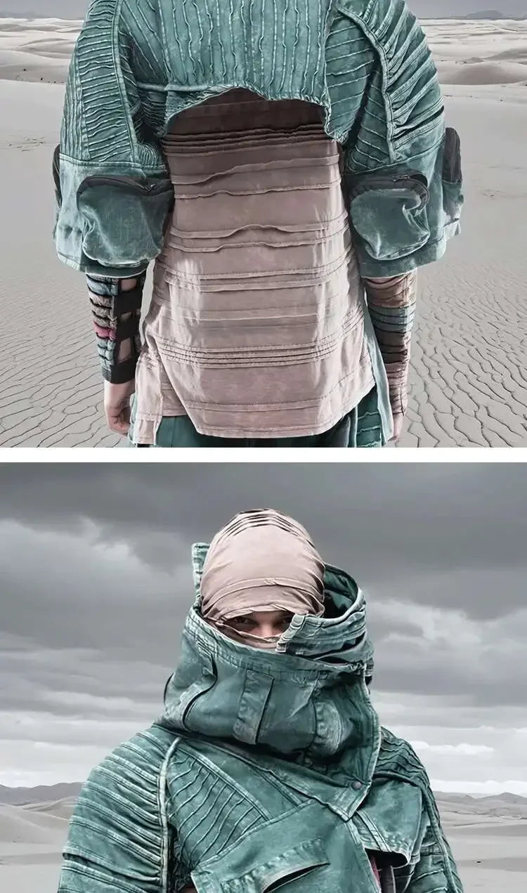 Men and Waste Soil Style  Asymmetric Deconstruction Pleated Jacket Futuristic Washed Short Coat Male