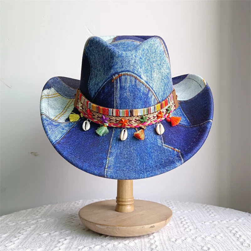 Ethnic Style Cowboy Hat Fashion Chic Unisex Solid Color Jazz Hat With Bull Shaped Decor