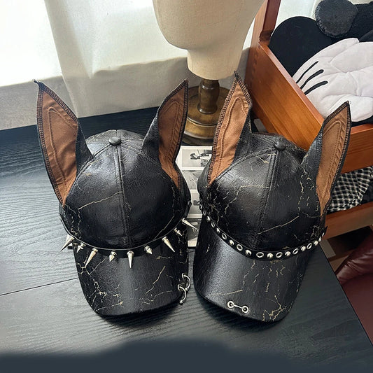 New Niche Leather Rivet Dog Ears Baseball Men and Women Personality Adjustable Trendy hat
