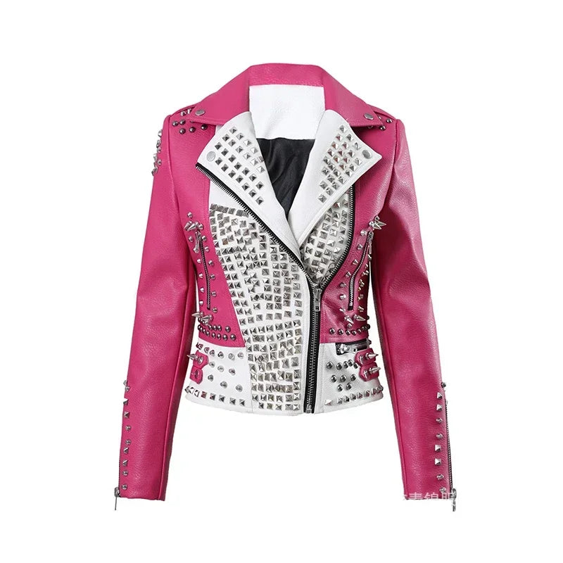 Punk Studded Motorcycle Leather Jacket Women 2026 Trend Streetwear Contrast Color Stitched Faux Leather Embroidered Jackets