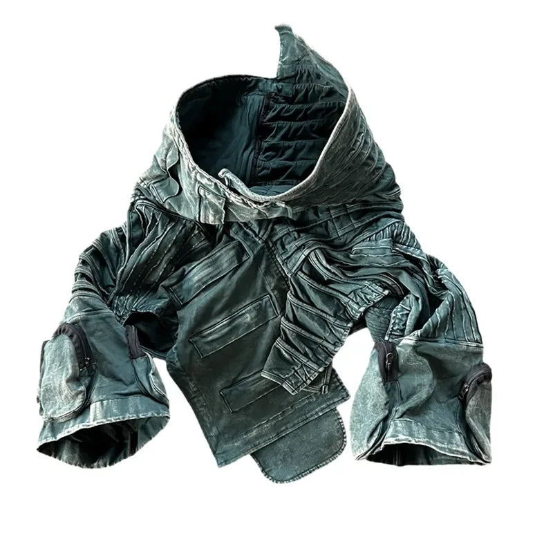 Men and Waste Soil Style  Asymmetric Deconstruction Pleated Jacket Futuristic Washed Short Coat Male