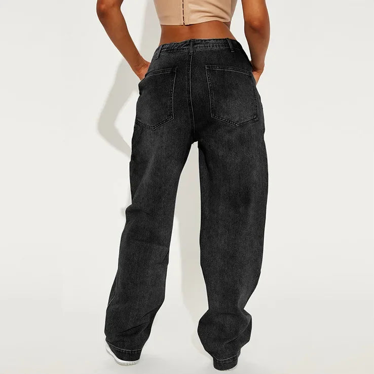 American Retro Fashion Women High Waist Cartoon Printed Jeans High Street Design Slim Casual Straight Wide-Leg Jeans