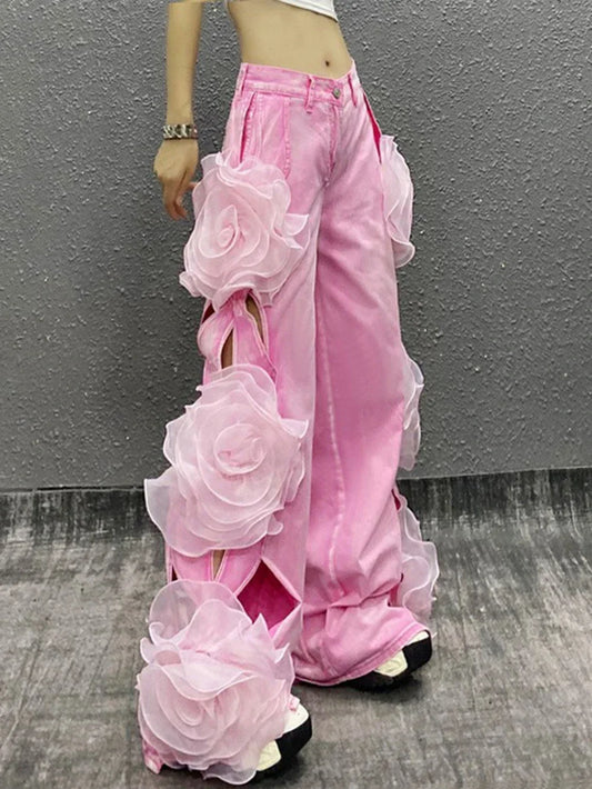 Female Flower Stitching Hollow Out High Waist Loose Jeans Pants Fashion Women'S Wide Leg Oversized Denim Trousers