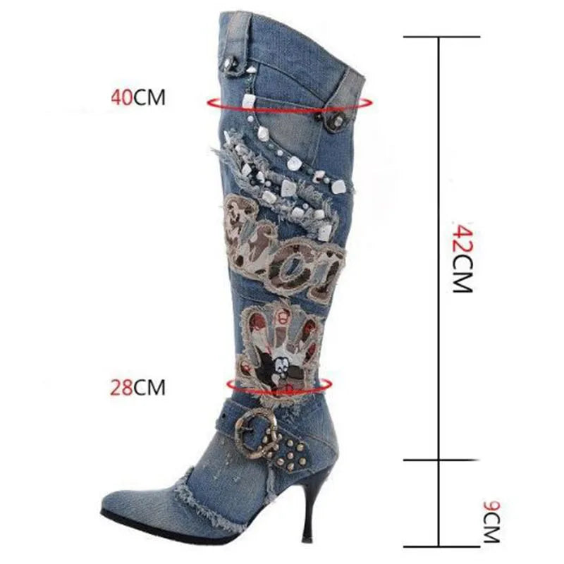Women's Denim boots qiu dong high-heeled, bead high boots over-the-knee