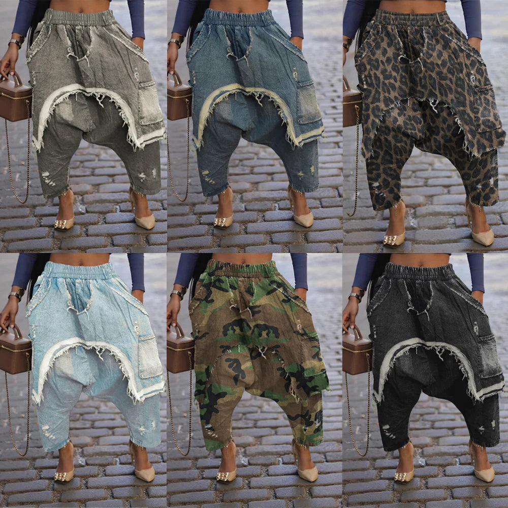 Street Wear Baggy Bag Wide Leg Denim Pants Elastic Waist Distressed Runway Harem Jeans