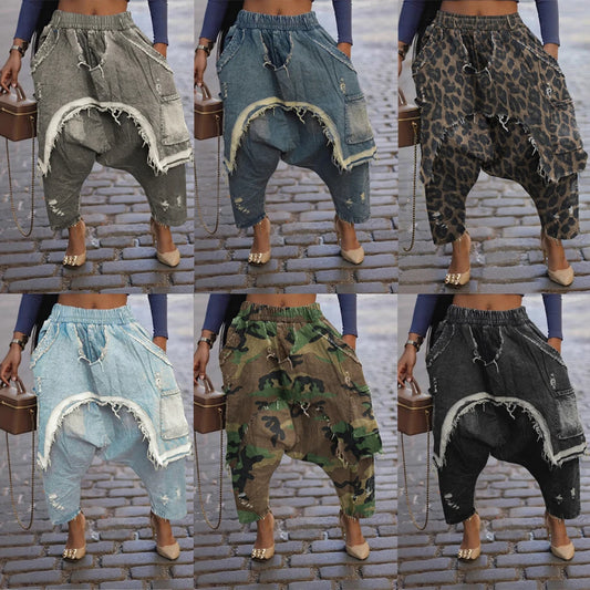Street Wear Baggy Bag Wide Leg Denim Pants Elastic Waist Distressed Runway Harem Jeans