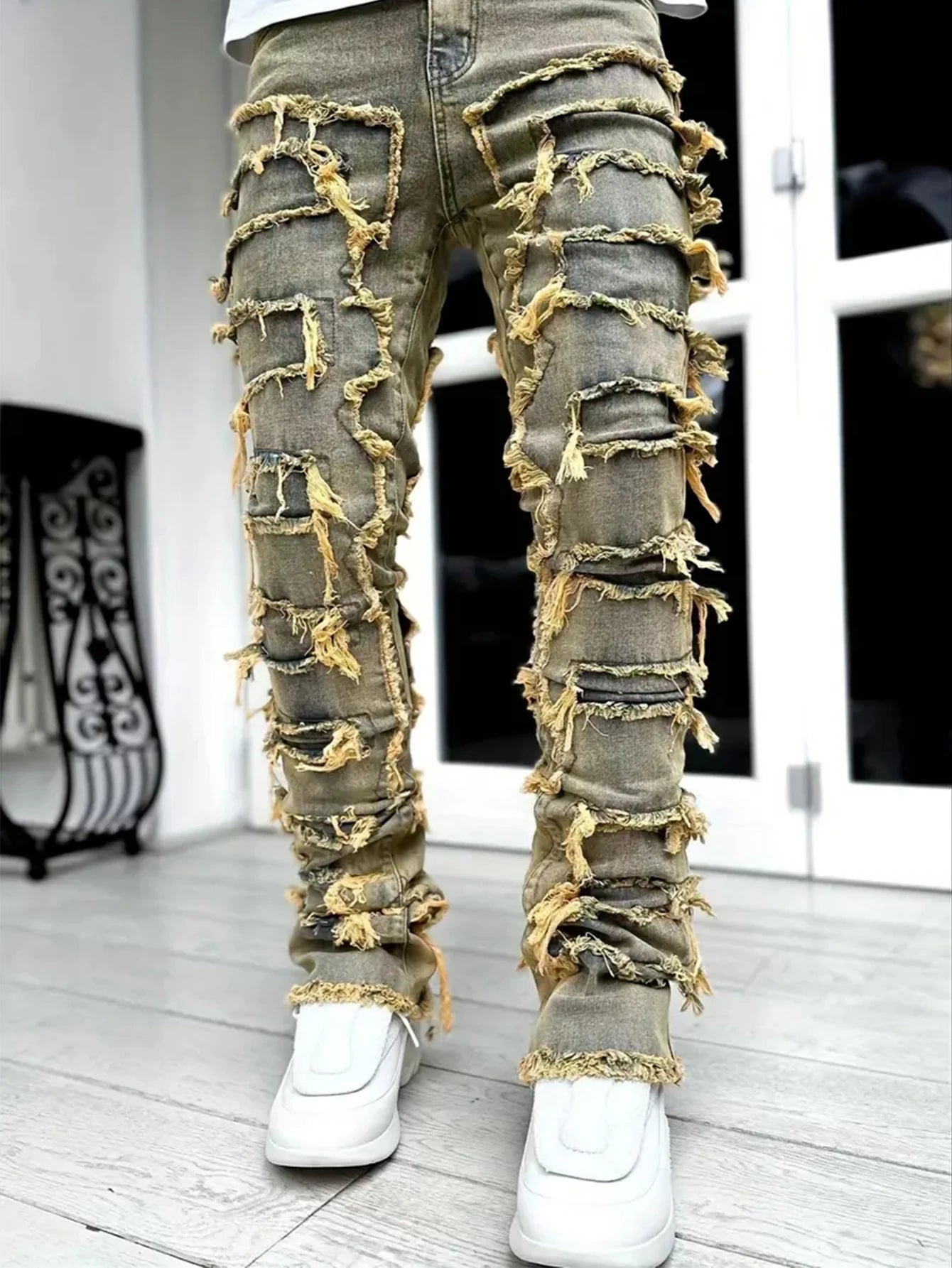 Distressed Men's Jeans Tassels Patchwork Design Vintage Washed Stretch Denim Pants Straight Fashion Streetwear Trousers