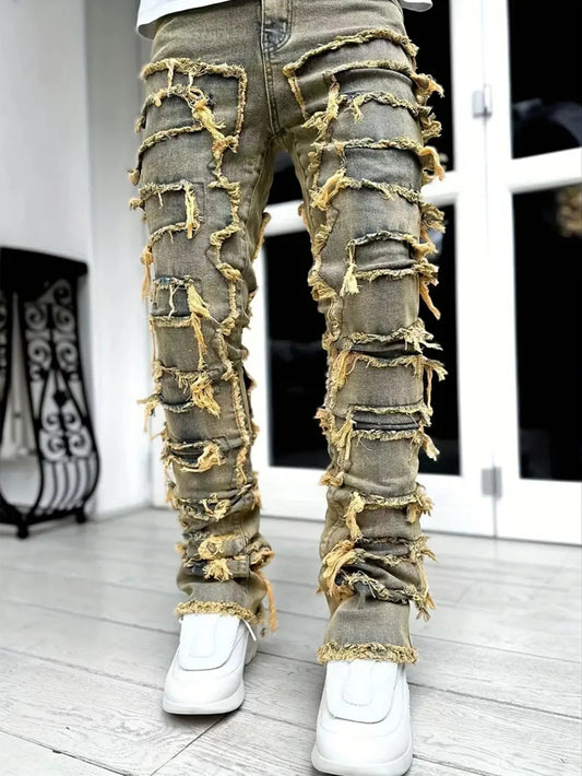 Distressed Men's Jeans Tassels Patchwork Design Vintage Washed Stretch Denim Pants Straight Fashion Streetwear Trousers