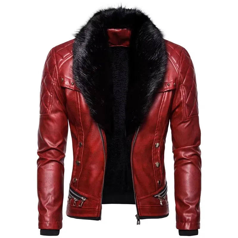 Motorcycle Leather Jacket Men Turn Down Fur Collar Slim Fit Warm PU Bomber Jackets Coats Mens Bikers