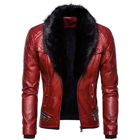 Motorcycle Leather Jacket Men Turn Down Fur Collar Slim Fit Warm PU Bomber Jackets Coats Mens Bikers