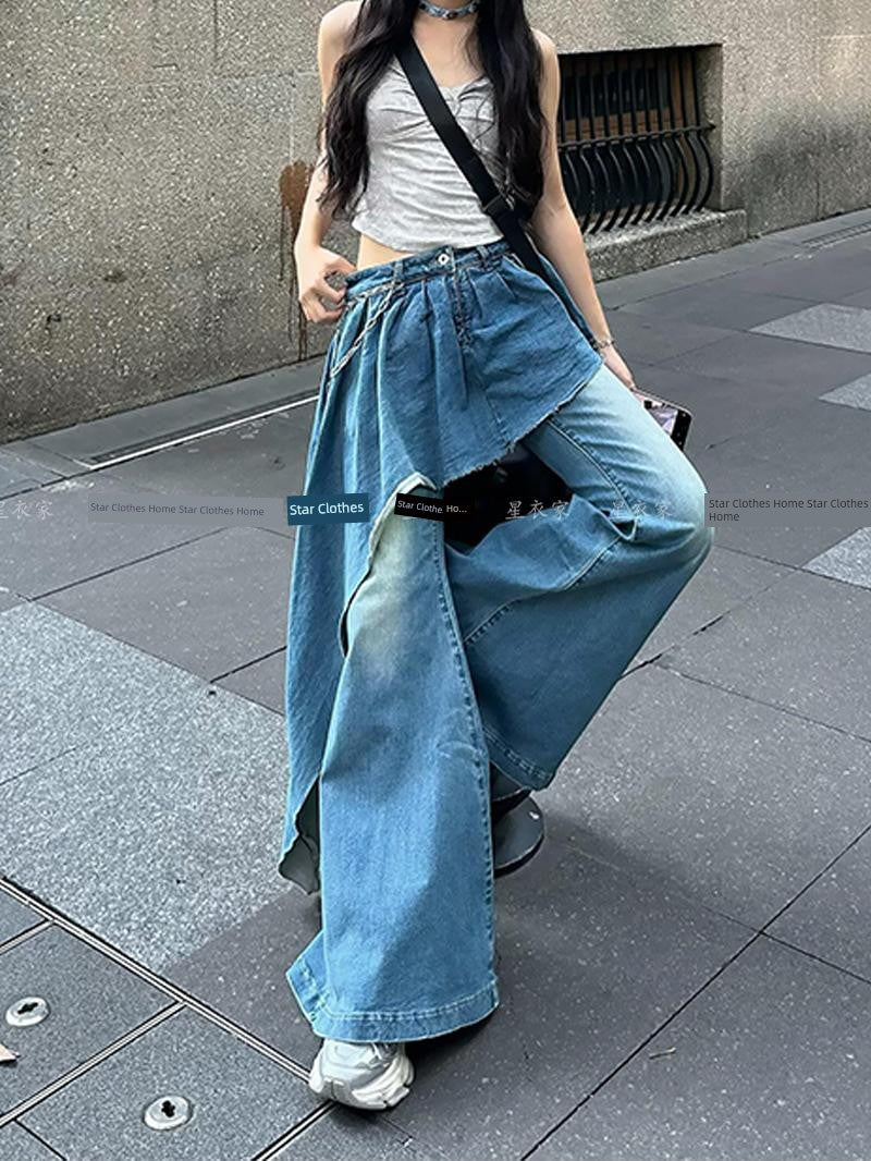 2026 European and American Retro Wide-Leg Scimitar Jeans for Women / Floor-Length Pants