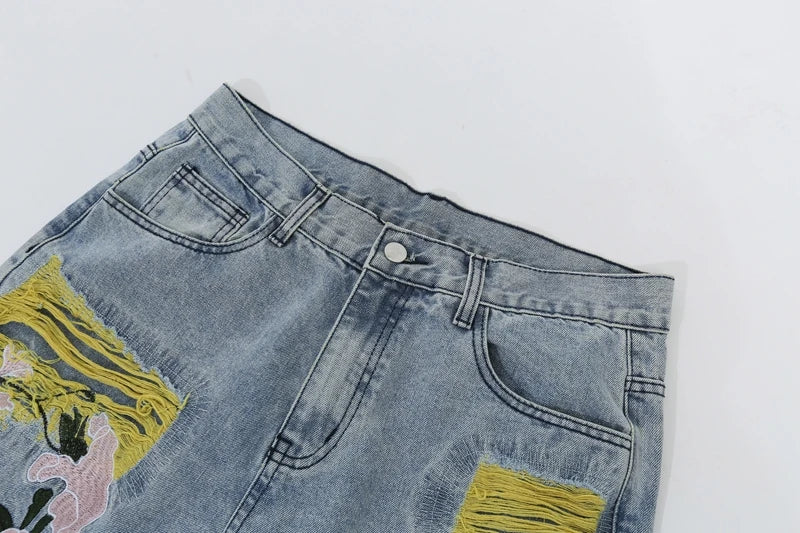 Embroidered Patch Denim Ripped  Streetwear Pleated Tassels Distressed Destroyed