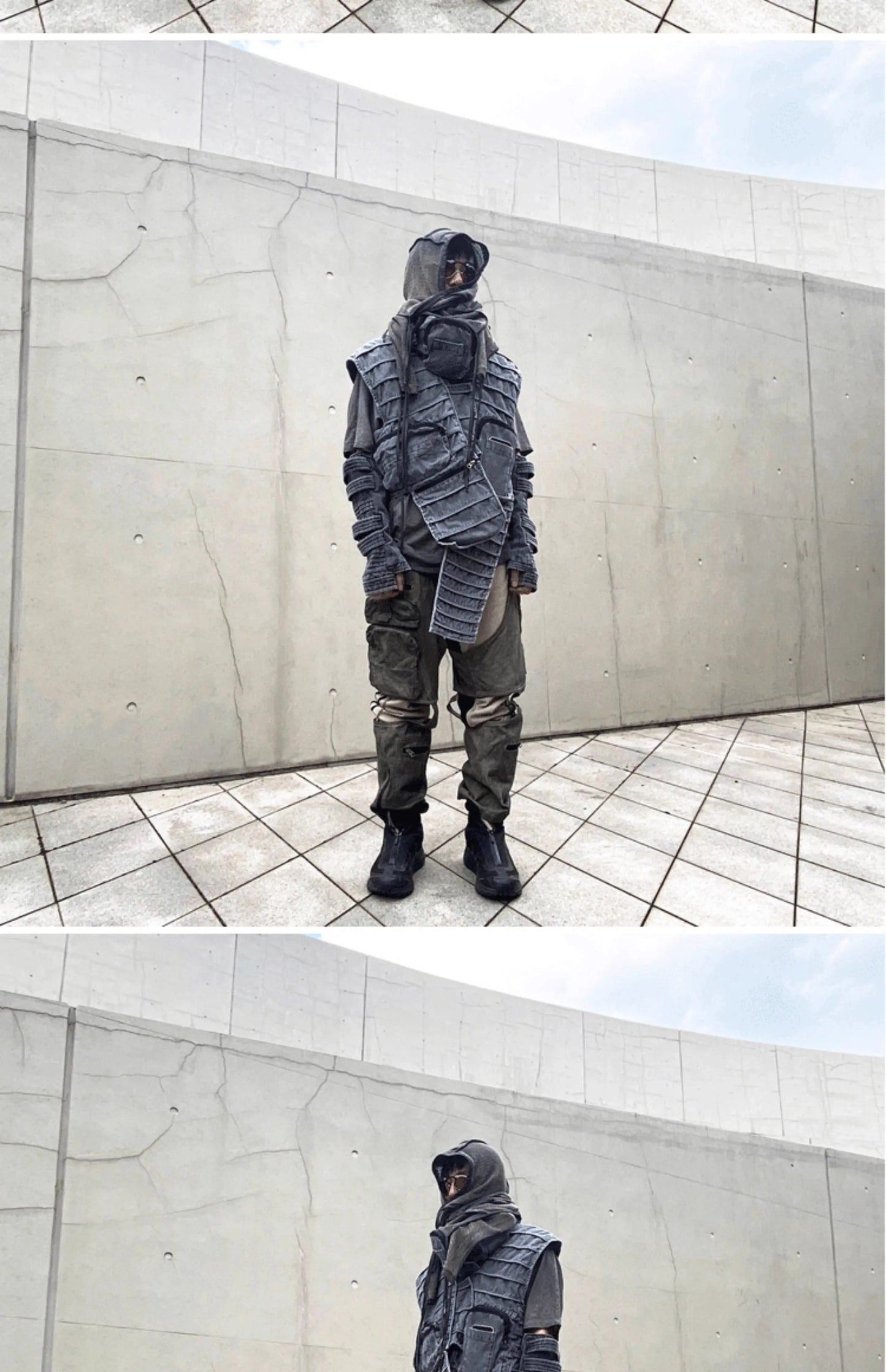 Pioneer Waste Soil Sand Dune Heavy Industry washed Asymmetric stereoscopic Bag Layered High Collar Vest coat