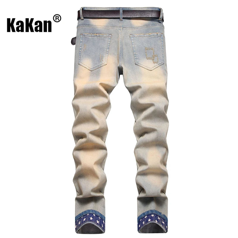 Kakan - New European and American Embroidered and Embroidered Long Jeans for Men's Wear, Retro Cuffed Fashion Stretch Jeans