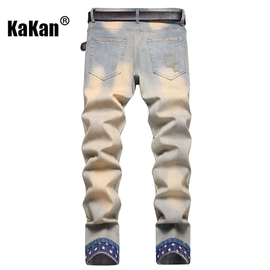 Kakan - New European and American Embroidered and Embroidered Long Jeans for Men's Wear, Retro Cuffed Fashion Stretch Jeans