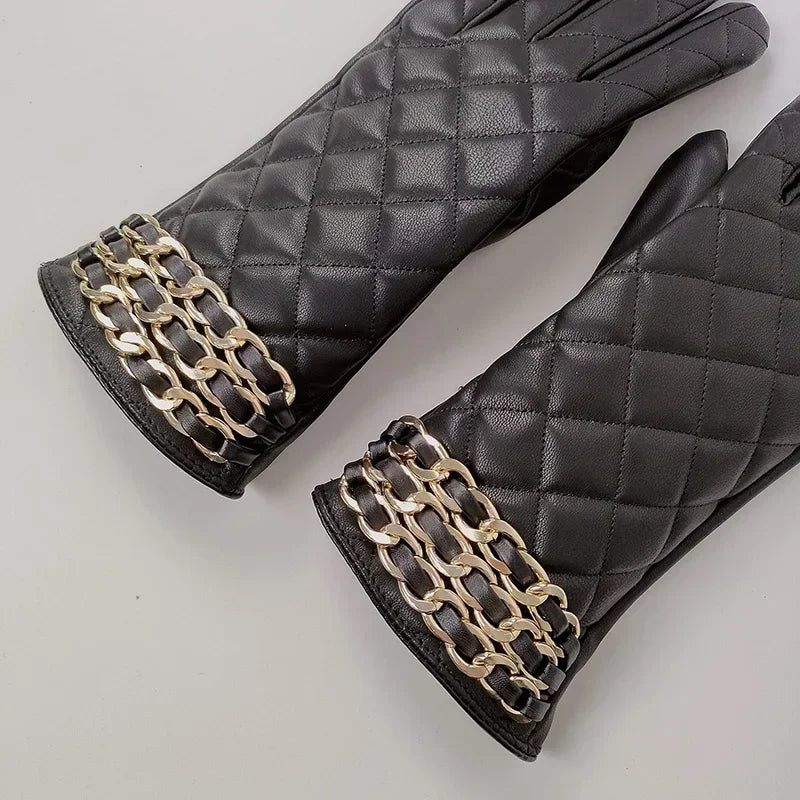 Women Black Chain Thickened Plush PU Leather Gloves