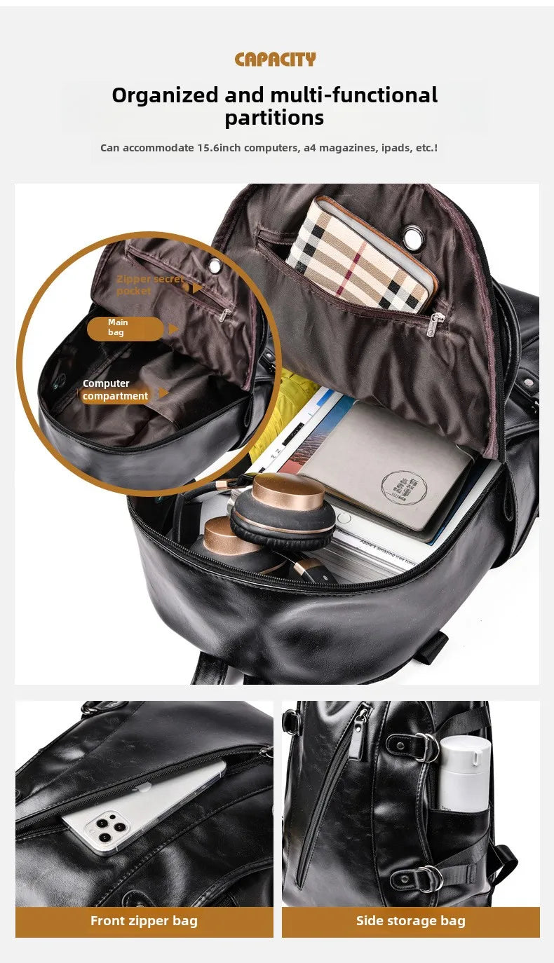 soft PU leather vintage casual backpack for men large capacity travel backpack male laptop shoulder bag waterproof work backpack