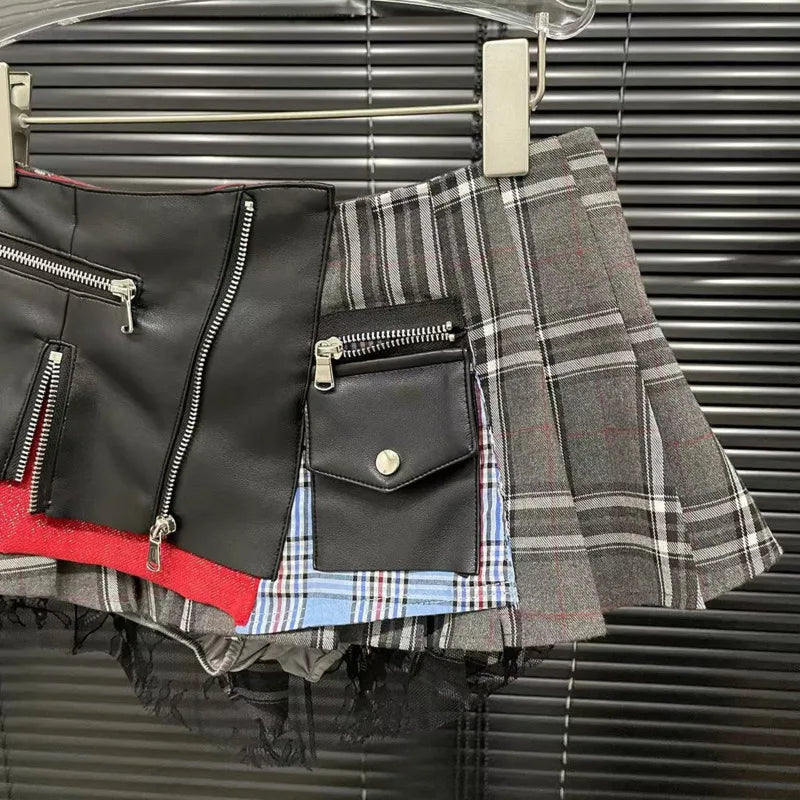 Women Trend Denim PU Leather Short Skirt Fashion Modern
