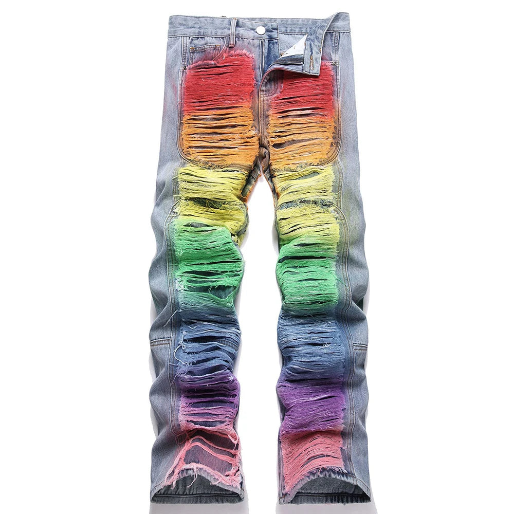 Men's colorful Ripped Graffiti Denim Pants Streetwear Loose Straight jeans