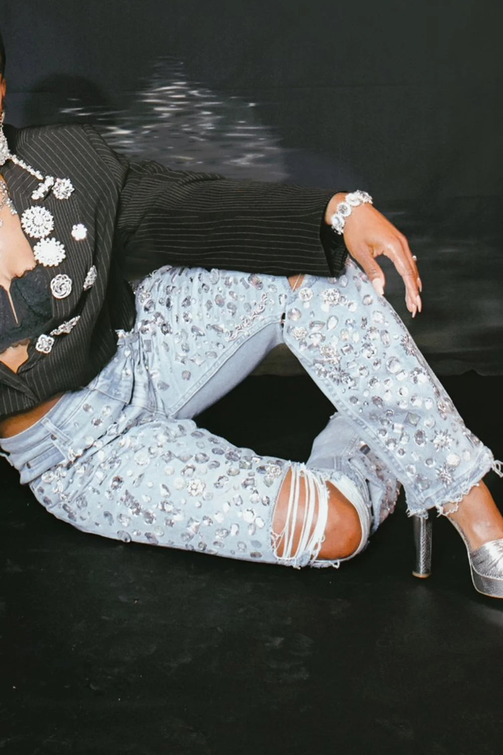 Plus Size Party Light Blue Casual Drilling Pocket Denim Jeans