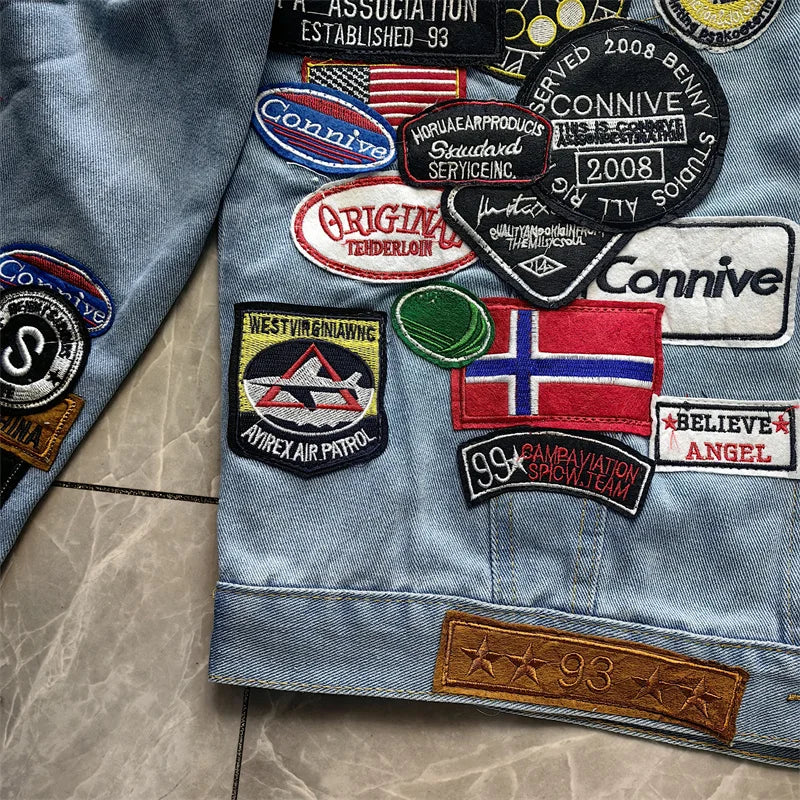 Men's Embroidered Denim Jacket Trendy Slim Fit w Badge Jeans Coat