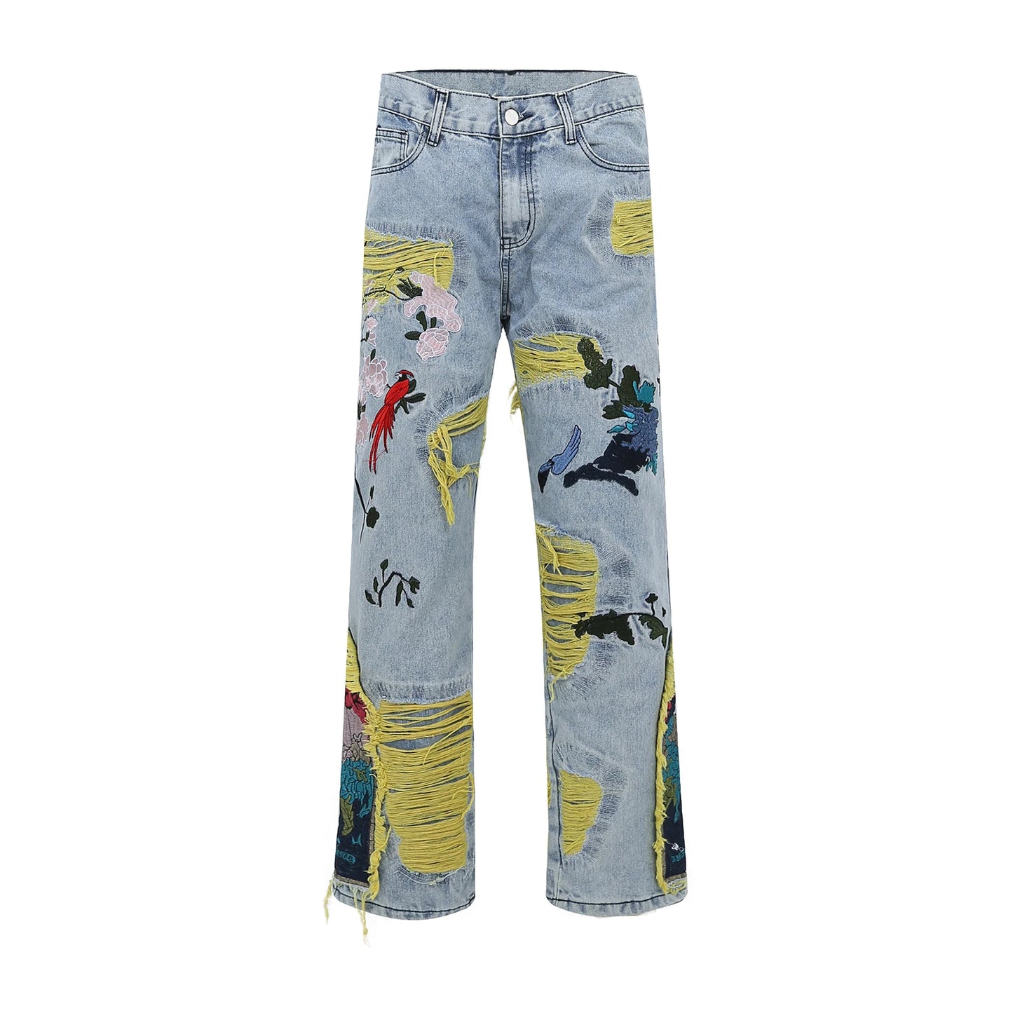 Embroidered Patch Denim Ripped  Streetwear Pleated Tassels Distressed Destroyed