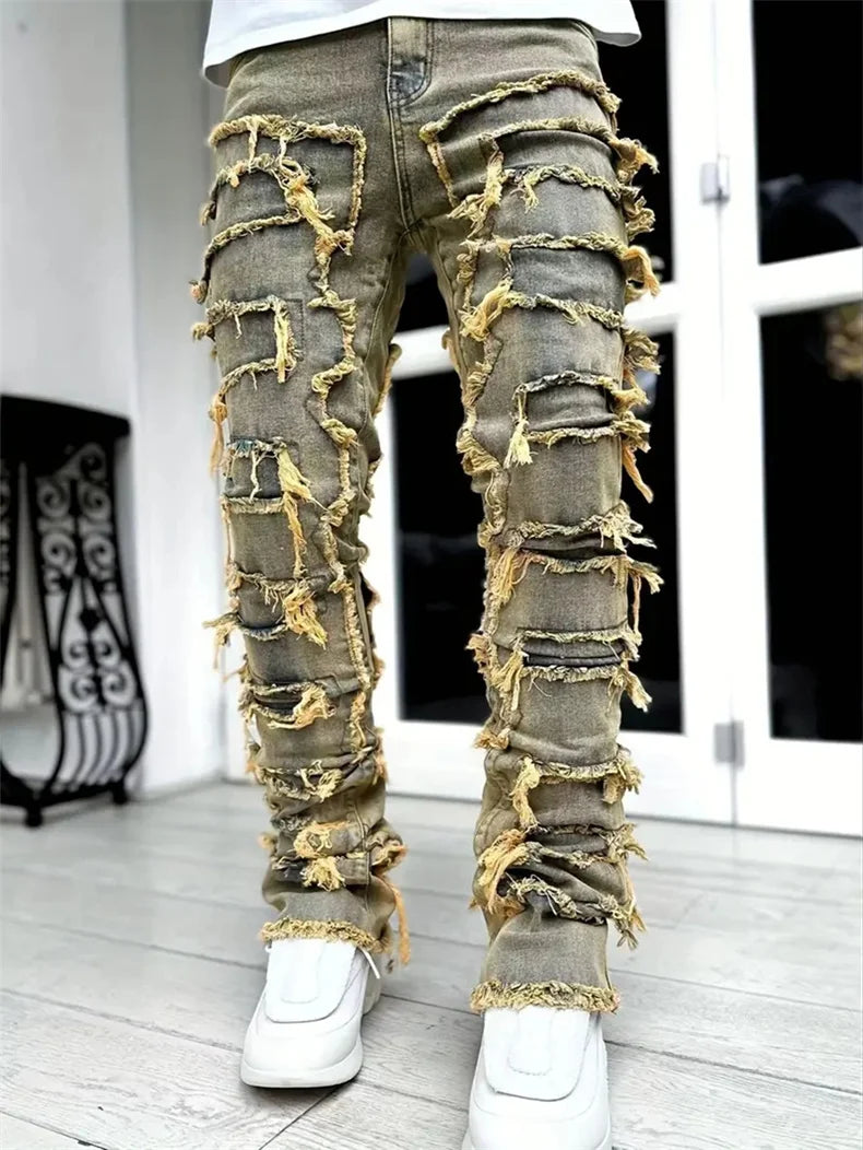 Distressed Men's Jeans Tassels Patchwork Design Vintage Washed Stretch Denim Pants Straight Fashion Streetwear Trousers