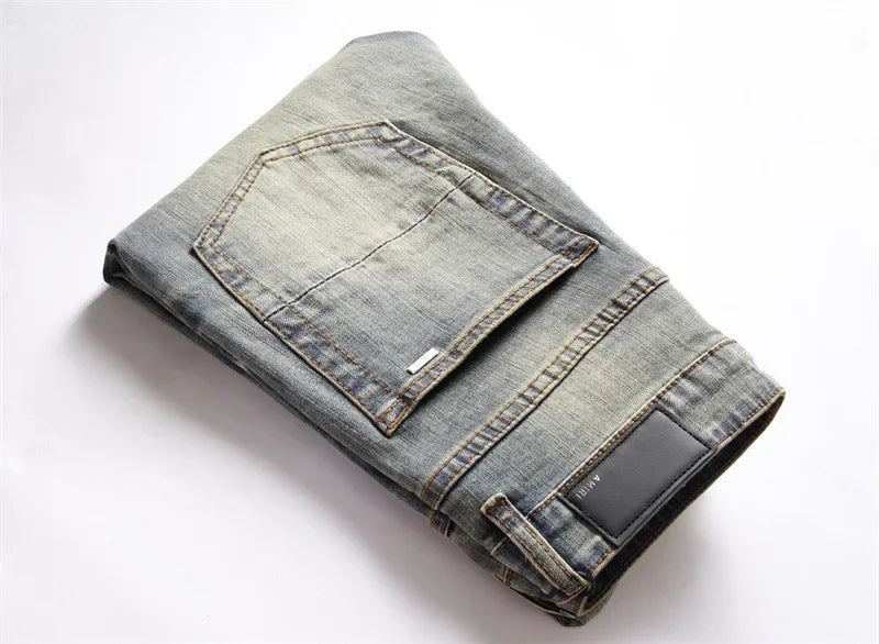 Mens Jeans with Embroidered Leather Patch Hole Punching Casual Black White Star Design by AMR