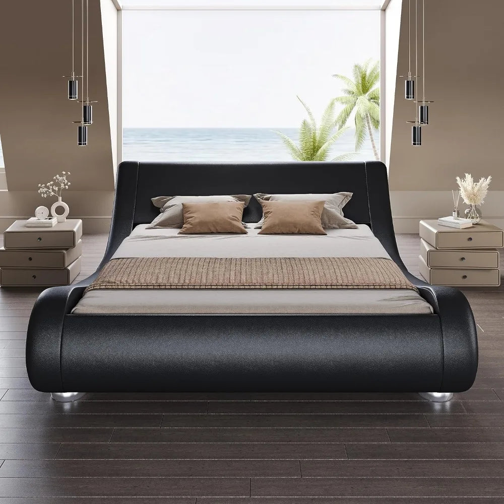 Bed Frame with Faux Leather Ergonomics Headboard, No Box Spring Needed & Easy Assembly
