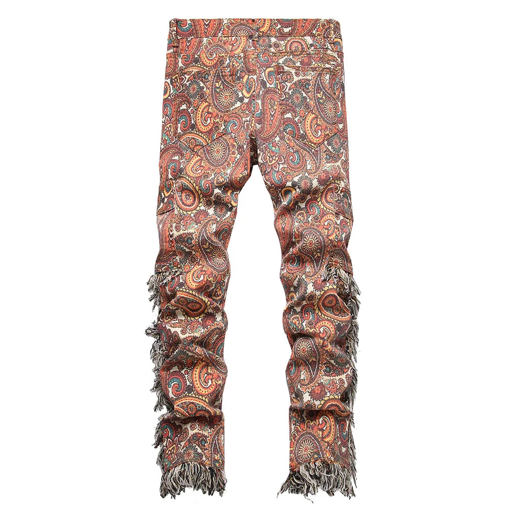 Men Bandana Print Pants Plus Size Multi Pockets Cargo Jeans Fashion Tassels Paisley Bandanna Trousers