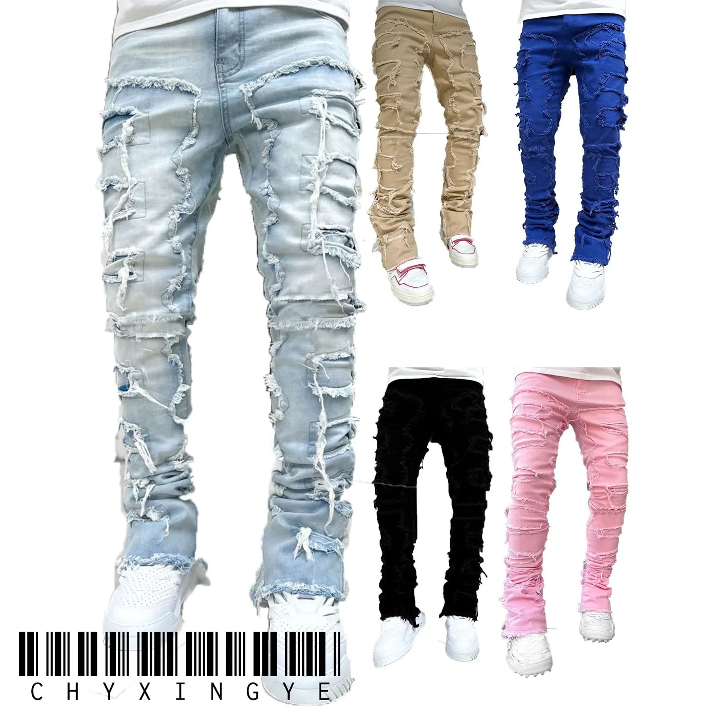 Men Ripped Stacked Jeans Distressed Slim Fit Skinny Straight Leg Jeans Fashion Hip Hop Denim Pants Casual Streetwear