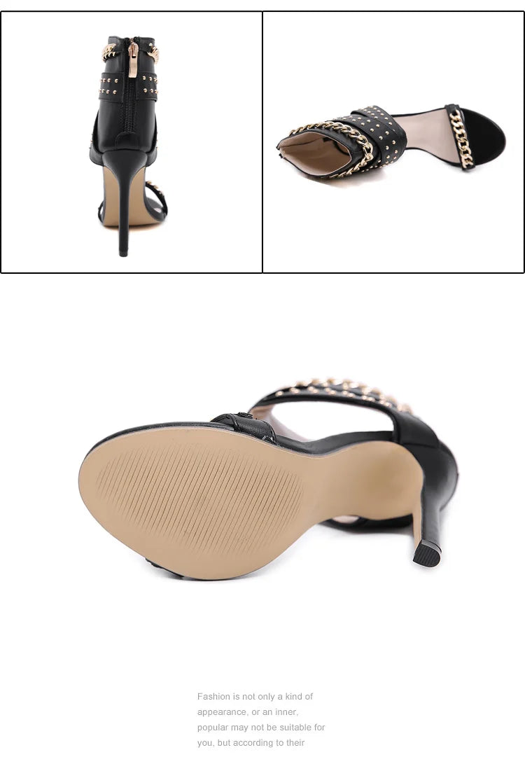 Aneikeh Sexy Rivet Metal Chain Sandals Peep Toe Thin Heel Pumps Gladiator Sandalias Zipper Women High Shoes