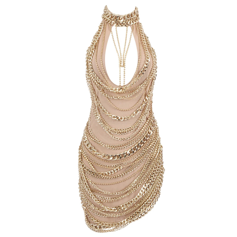 Glamorous Gold Metal Chain - Embellished Halter Mini Dress Side Splitt Club Nights luxury Dresses Vestidos