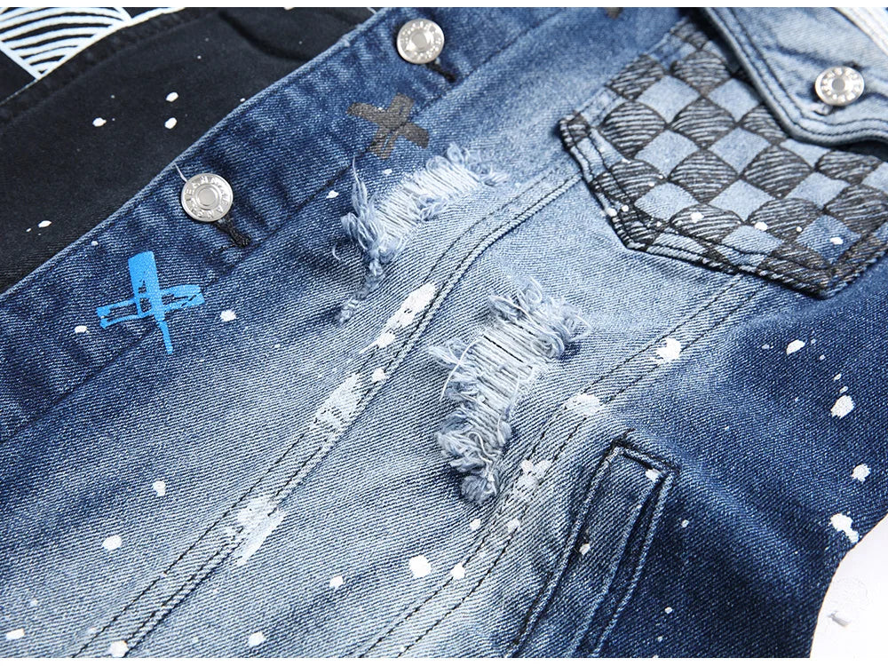 Denim Jacket Holes Ripped Plaid Patches Patchwork Jean Coat Painted Blue Black Spliced Outerwear