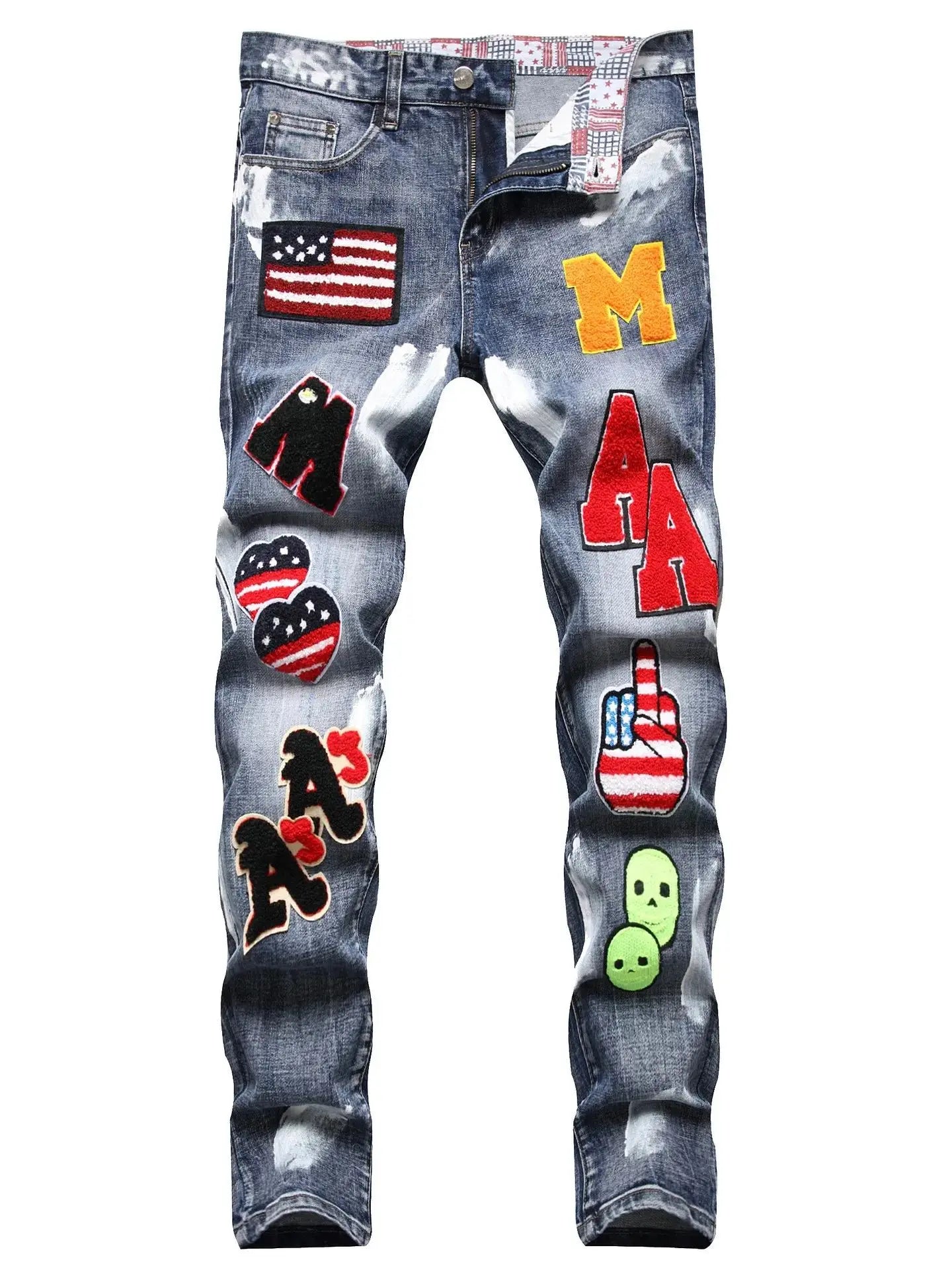 European and American process washed personalized embroidered with badges elastic jeans