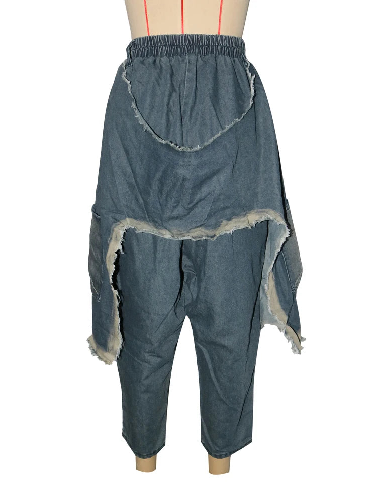 Street Wear Baggy Bag Wide Leg Denim Pants Elastic Waist Distressed Runway Harem Jeans