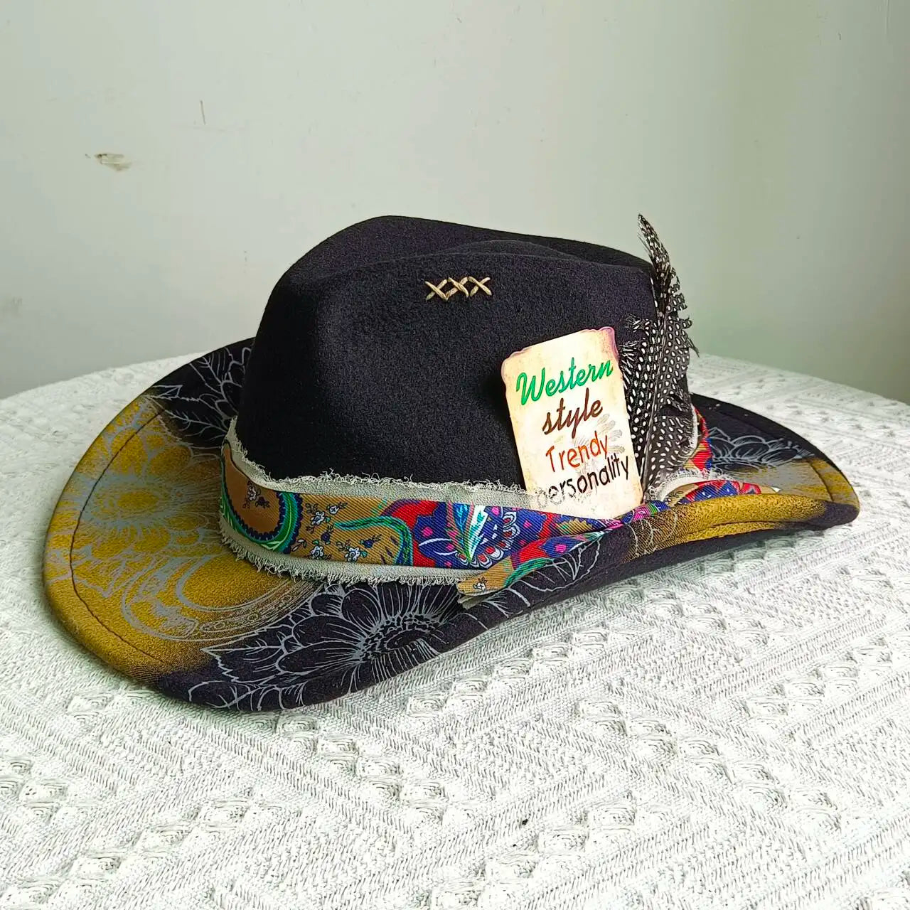 inted Fedora Western Cowboy Hat for Men and Women FloralPainted Jazz Hat Wide Brim Cowboy  Feather Accessories