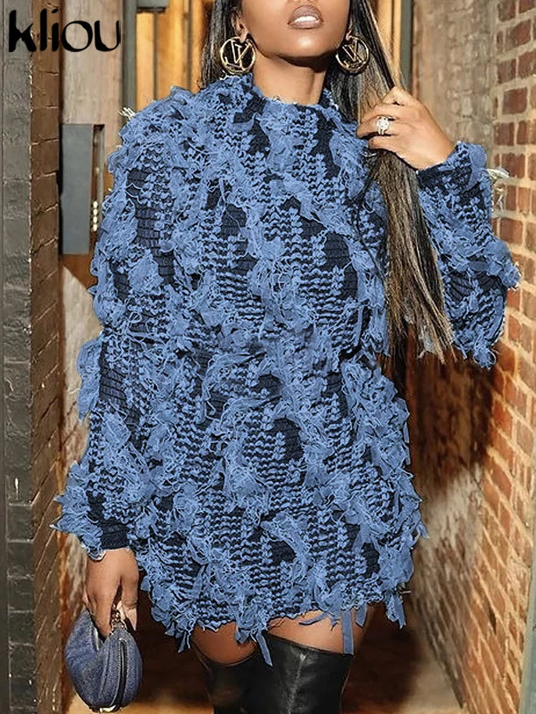 kliou Ruched Patchwork Mini Dress Women Striped Stacked Autumn Full Sleeve Crew Neck Holes Chic Bodycon Female Trend Streetwear