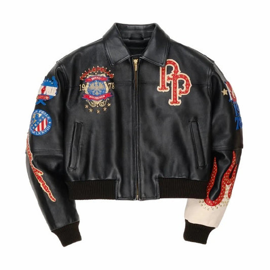 Streetwear Vintage Embroidered Leather Jacket Men Motorcycle PP Jacket Sequin Hip Hop Embroidered Patches Oversized Casual Coat