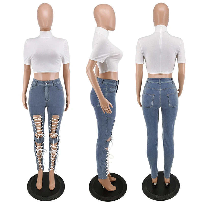 Women's Lace Up Skinny Jeans Stretch Distressed Destroyed Denim Pants Sexy Daily Date Street Going Out Night Club Party Jeans