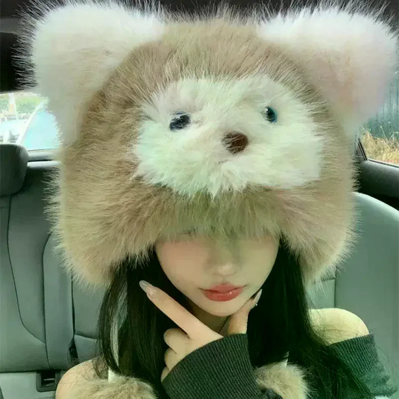 Thicken Raccoon Hat With String Winter Warm Ear Protection Cold-Proof Outdoor Big Head Circumference Fur Hat